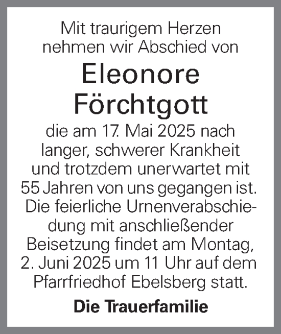 Traueranzeige von Eleonore Förchtgott von OÖNachrichten