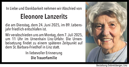Traueranzeige von Eleonore Lanzerits von OÖNachrichten