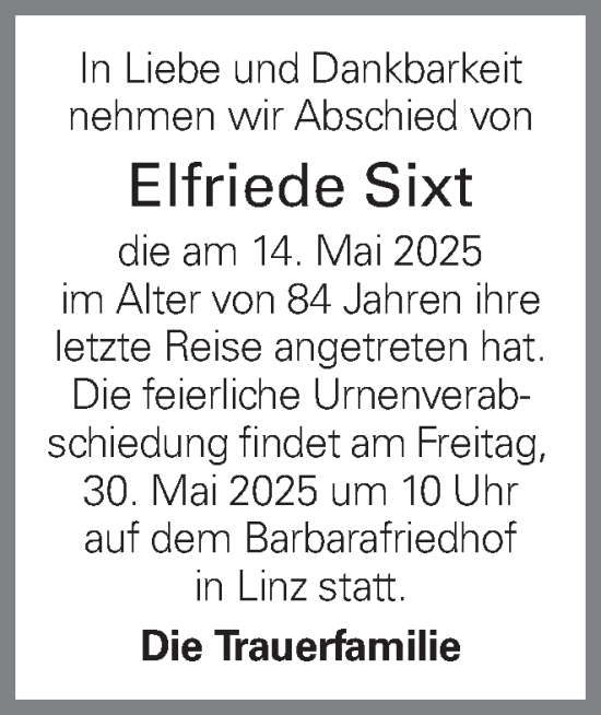 Traueranzeige von Elfriede Sixt von OÖNachrichten