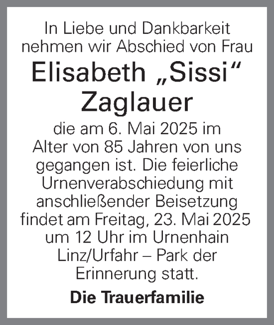 Traueranzeige von Elisabeth Zaglauer von OÖNachrichten