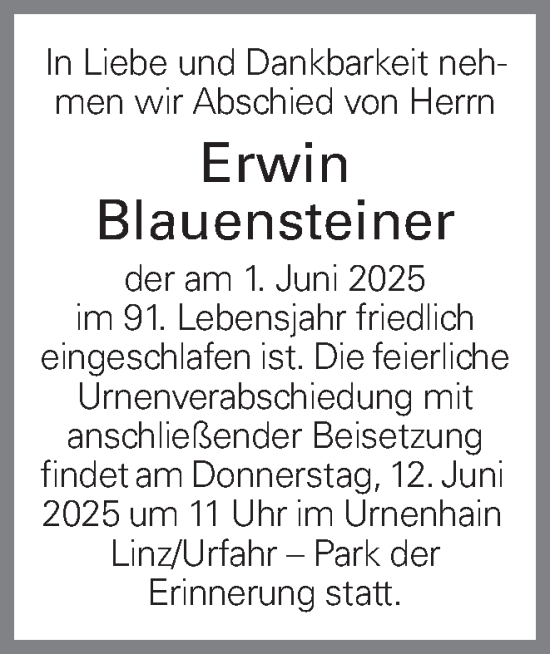 Traueranzeige von Erwin Blauensteiner von OÖNachrichten