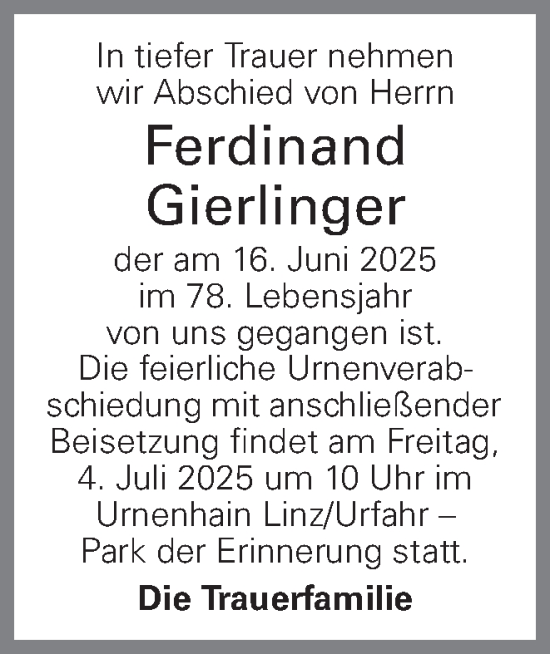 Traueranzeige von Ferdinand Gierlinger von OÖNachrichten