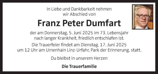 Traueranzeige von Franz Peter Dumfart von OÖNachrichten