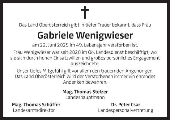 Traueranzeige von Gabriele Wenigwieser von OÖNachrichten