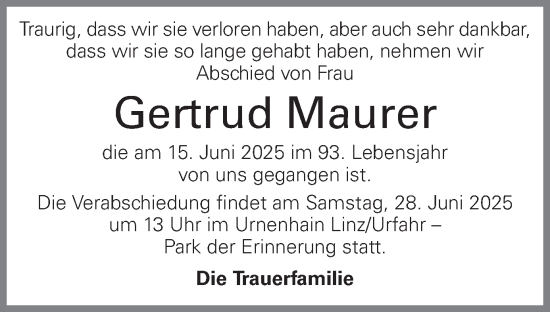 Traueranzeige von Gertrud Maurer von OÖNachrichten