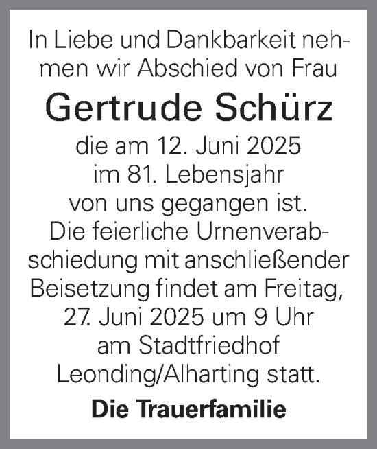 Traueranzeige von Gertrude Schürz von OÖNachrichten