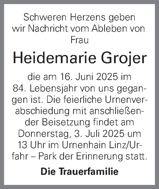 Traueranzeige von Heidemarie Grojer von OÖNachrichten