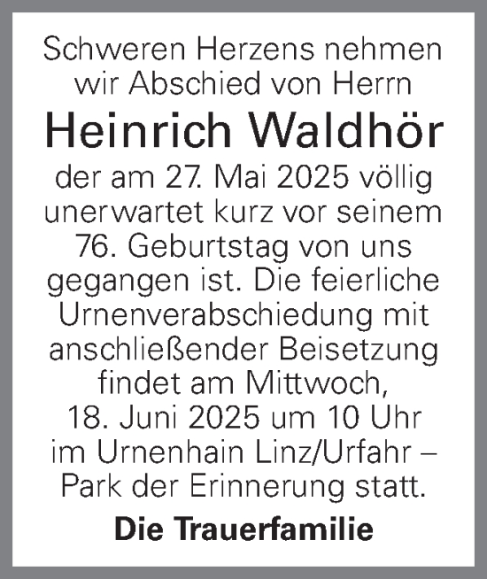 Traueranzeige von Heinrich Waldhör von OÖNachrichten