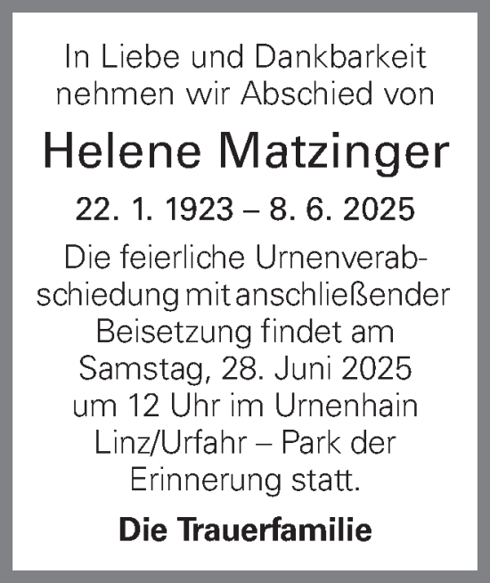 Traueranzeige von Helene Matzinger von OÖNachrichten