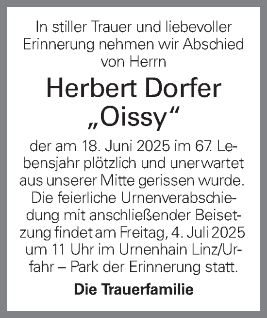 Traueranzeige von Herbert Dorfer von OÖNachrichten