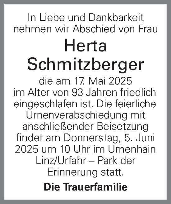 Traueranzeige von Herta Schmitzberger von OÖNachrichten