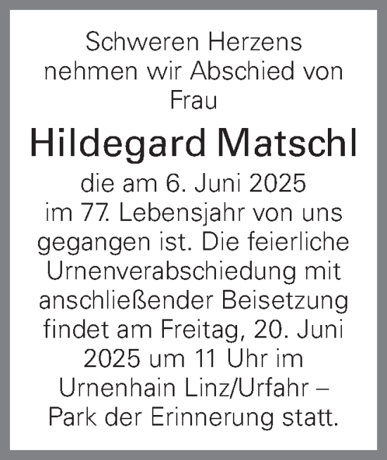 Traueranzeige von Hildegard Matschl von OÖNachrichten