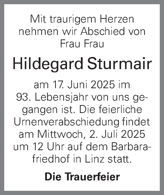 Traueranzeige von Hildegard Sturmair von OÖNachrichten