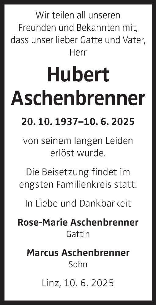 Traueranzeige von Hubert Aschenbrenner von OÖNachrichten