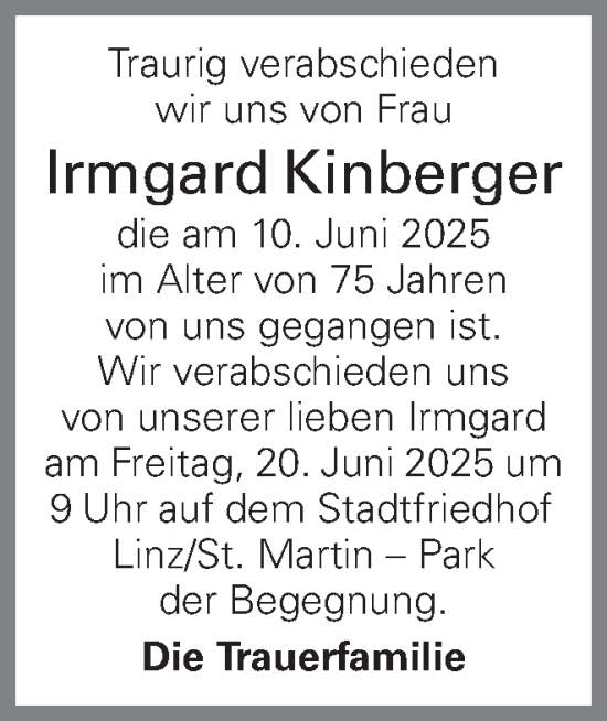 Traueranzeige von Irmgard Kinberger von OÖNachrichten