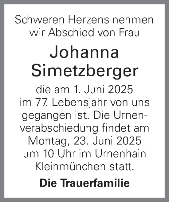 Traueranzeige von Johanna Simetzberger von OÖNachrichten