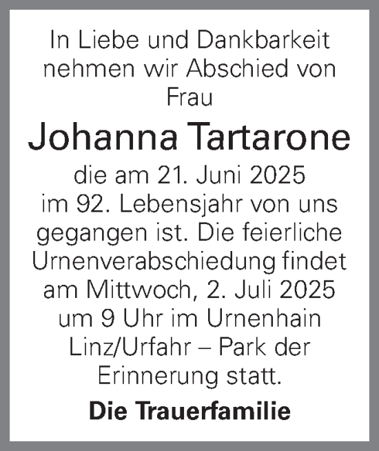 Traueranzeige von Johanna Tartarone von OÖNachrichten