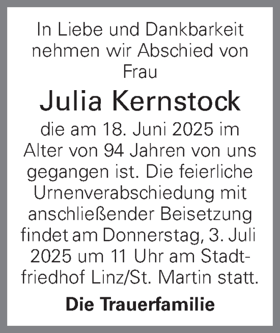 Traueranzeige von Julia Kernstock von OÖNachrichten
