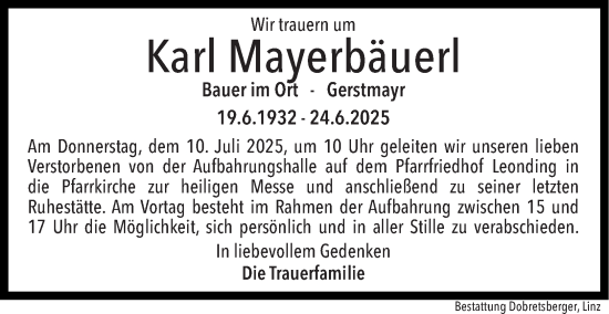 Traueranzeige von Karl Mayerbäuerl von OÖNachrichten