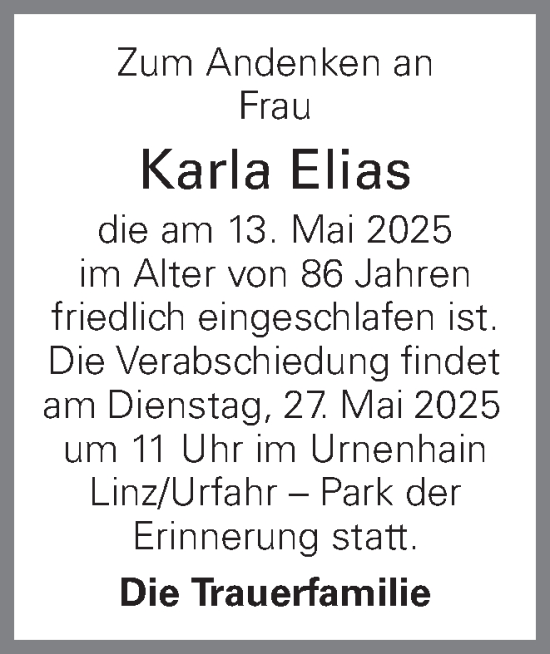 Traueranzeige von Karla Elias von OÖNachrichten