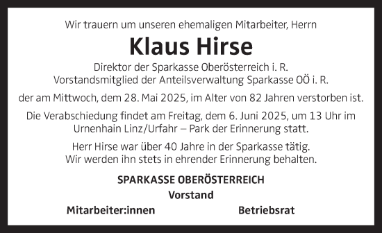 Traueranzeige von Klaus Hirse von OÖNachrichten