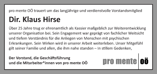 Traueranzeige von Klaus Hirse von OÖNachrichten