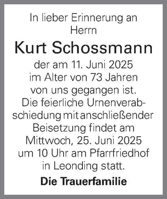Traueranzeige von Kurt Schossmann von OÖNachrichten
