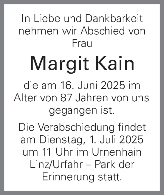 Traueranzeige von Margit Kain von OÖNachrichten