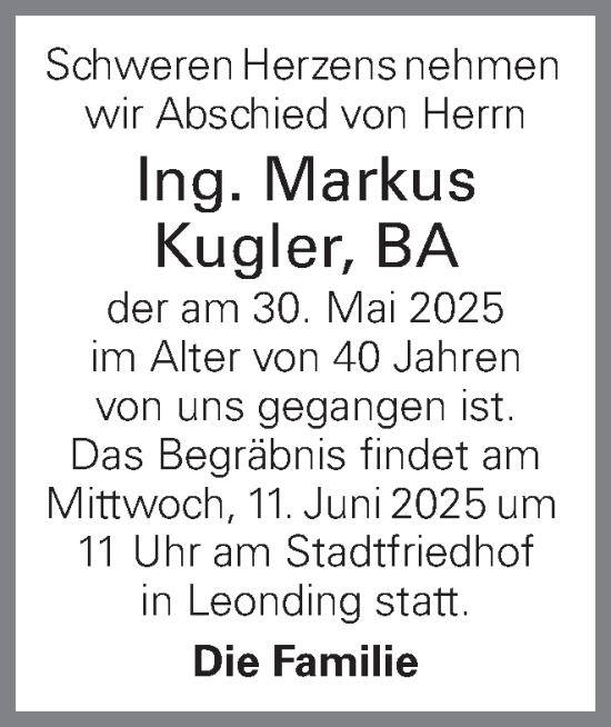 Traueranzeige von Markus Kugler von OÖNachrichten