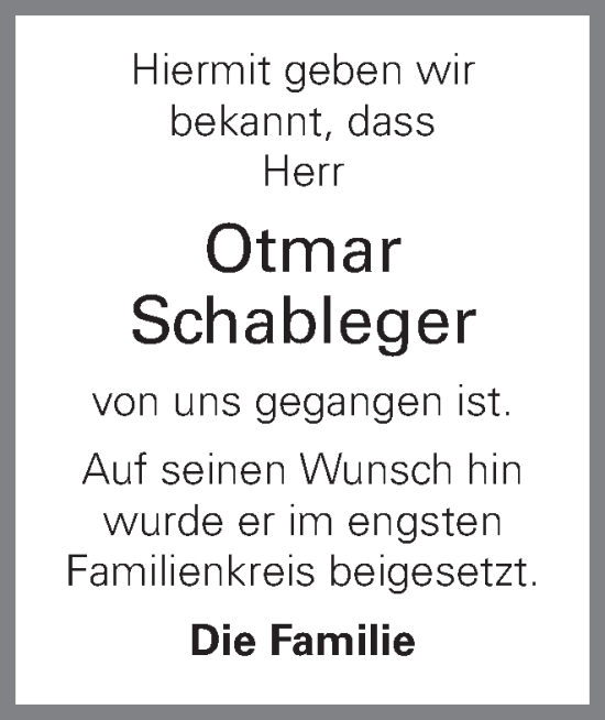 Traueranzeige von Otmar Schableger von OÖNachrichten