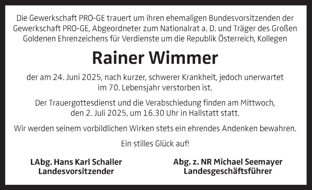  Traueranzeige für Rainer Wimmer vom 28.06.2025 aus OÖNachrichten