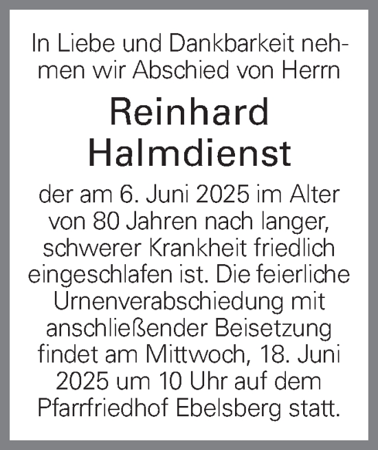 Traueranzeige von Reinhard Halmdienst von OÖNachrichten