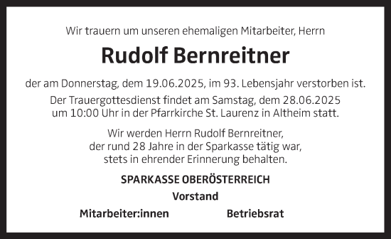 Traueranzeige von Rudolf Bernreitner von OÖNachrichten