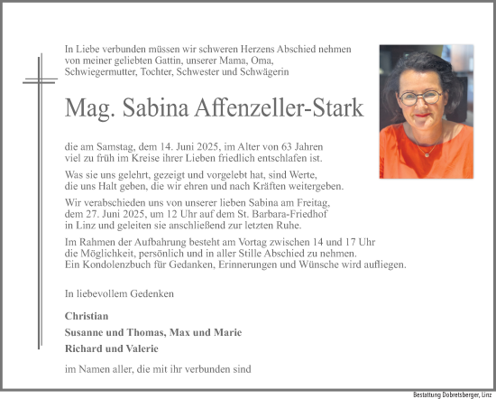 Traueranzeige von Sabina Affenzeller-Stark von OÖNachrichten