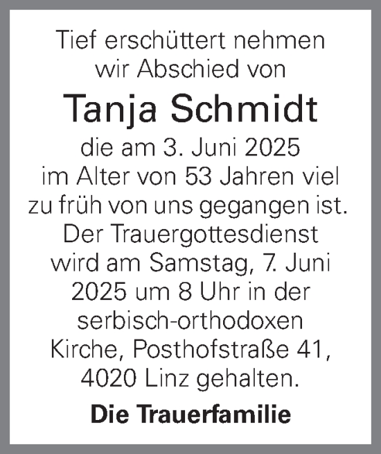 Traueranzeige von Tanja Schmidt von OÖNachrichten