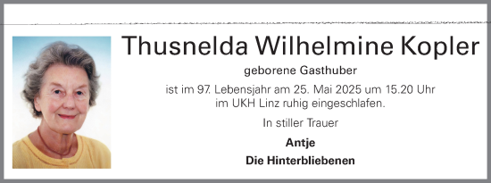 Traueranzeige von Thusnelda Wilhelmine Kopler von OÖNachrichten