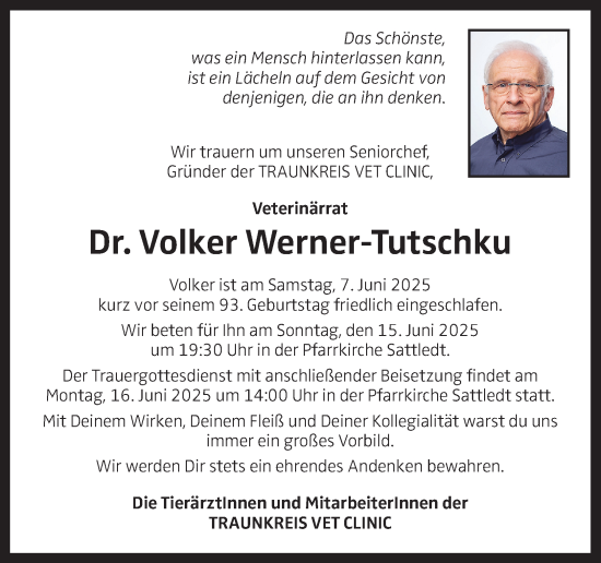 Traueranzeige von Volker Werner-Tutschku von OÖNachrichten