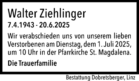 Traueranzeige von Walter Ziehlinger von OÖNachrichten
