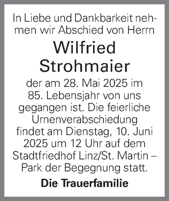 Traueranzeige von Wilfried Strohmaier von OÖNachrichten