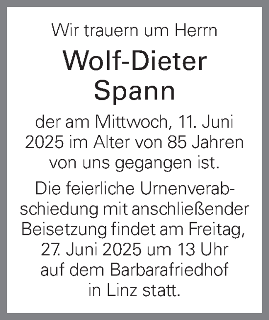 Traueranzeige von Wolf-Dieter Spann von OÖNachrichten