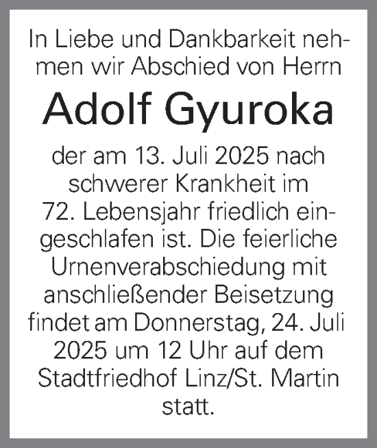 Traueranzeige von Adolf Gyuroka von OÖNachrichten