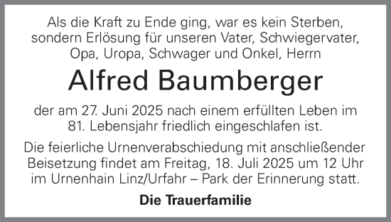 Traueranzeige von Alfred Baumberger von OÖNachrichten