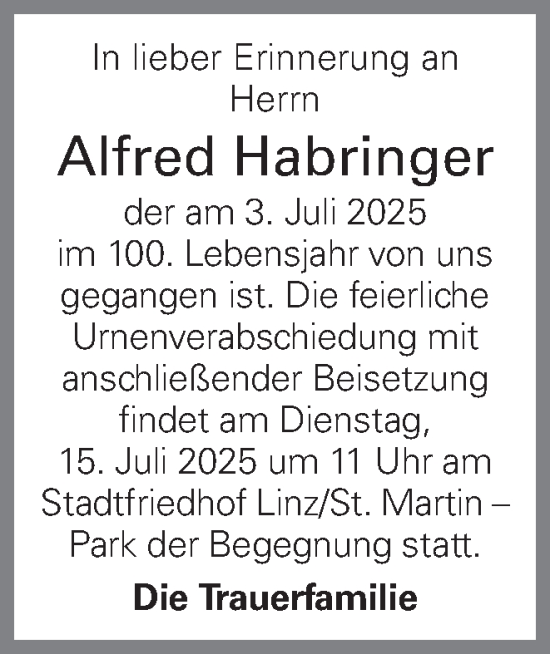 Traueranzeige von Alfred Habringer von OÖNachrichten