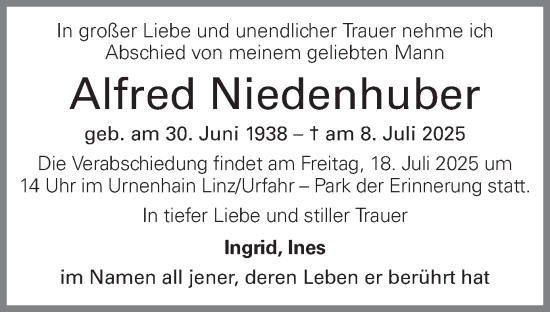 Traueranzeige von Alfred Niedenhuber von OÖNachrichten
