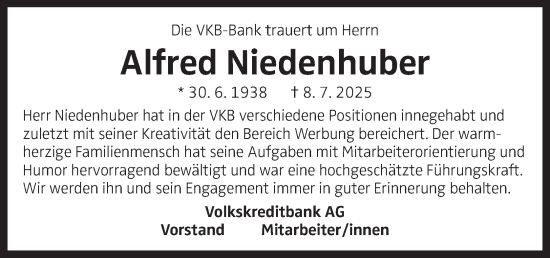 Traueranzeige von Alfred Niedenhuber von OÖNachrichten