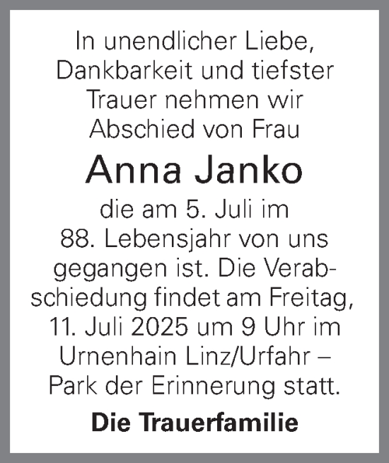 Traueranzeige von Anna Janko von OÖNachrichten