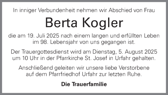 Traueranzeige von Berta Kogler von OÖNachrichten
