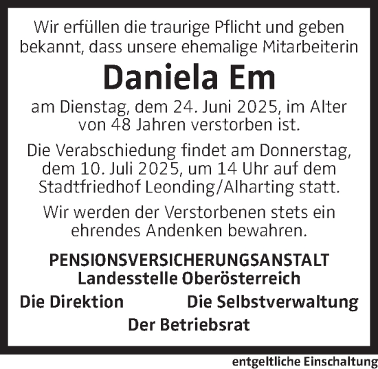 Traueranzeige von Daniela Em von OÖNachrichten