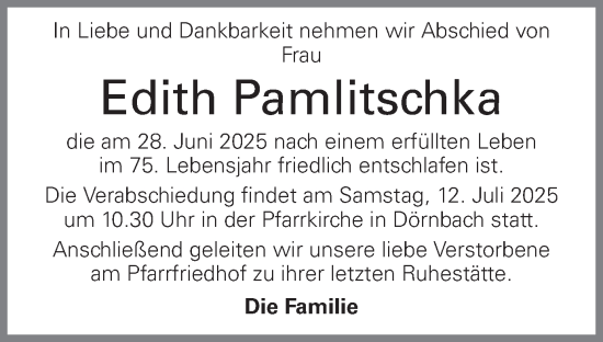 Traueranzeige von Edith Pamlitschka von OÖNachrichten