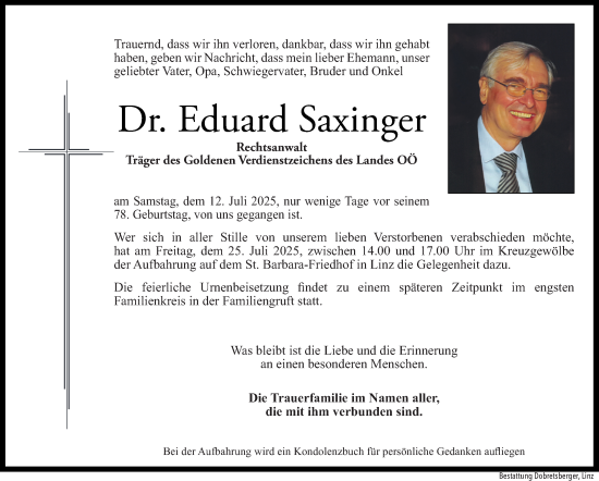 Traueranzeige von Eduard Saxinger von OÖNachrichten